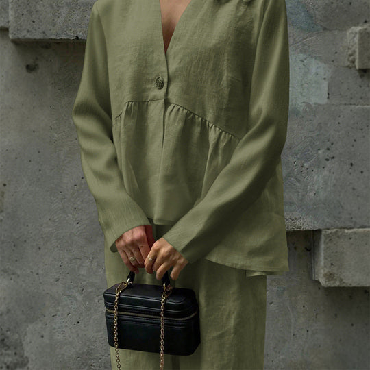 Damen nan legeres Leinenmix-Zweiteiler mit V-Ausschnitt Peplum-Bluse, Einknopfleiste und weitem Palazzo-Hosenbein Shop Nory
