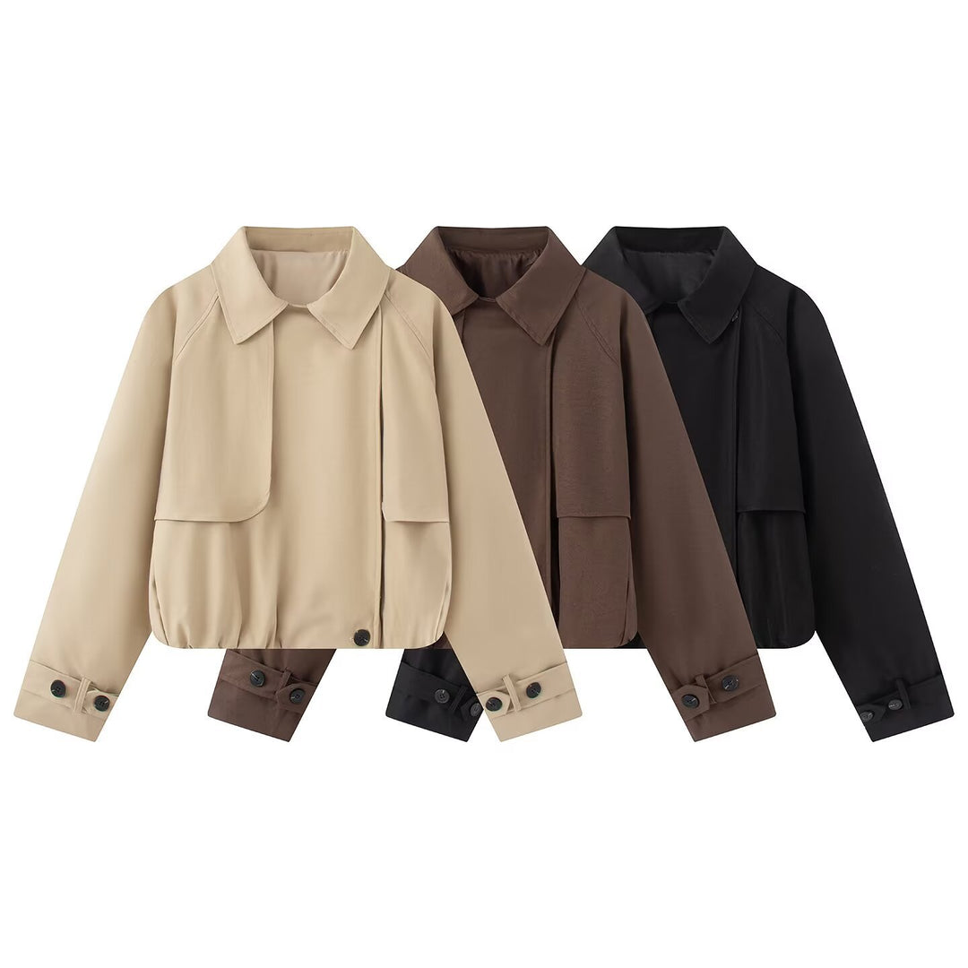 Damen Cropped Kurzjacke mit Cape-Front, Hemdkragen und verstellbaren Manschetten Shop Nory