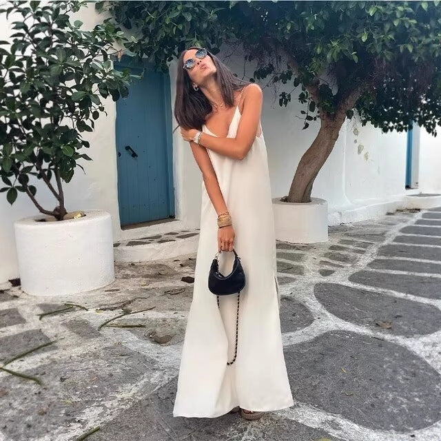 Damen Maxikleid mit seitlichem Schlitz und modernen Trägern