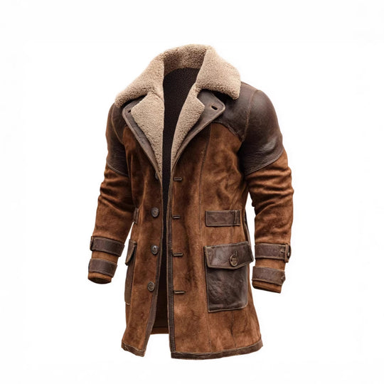 Herren Langer Shearling-Mantel aus Wildleder mit Lederbesatz Shop Nory