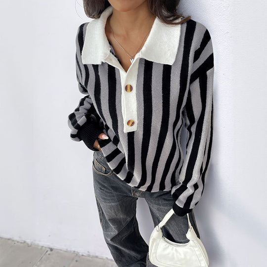 Damen Lässiger gestreifter Strick-Polokragenpullover mit kontrastierter Knopfleiste Shop Nory