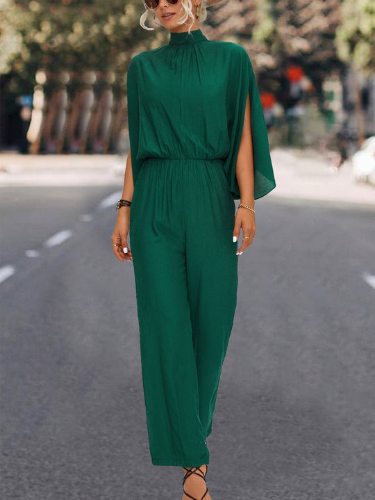 Damen Eleganter Jumpsuit mit fließendem Cape-Design und hochgeschlossenem Ausschnitt