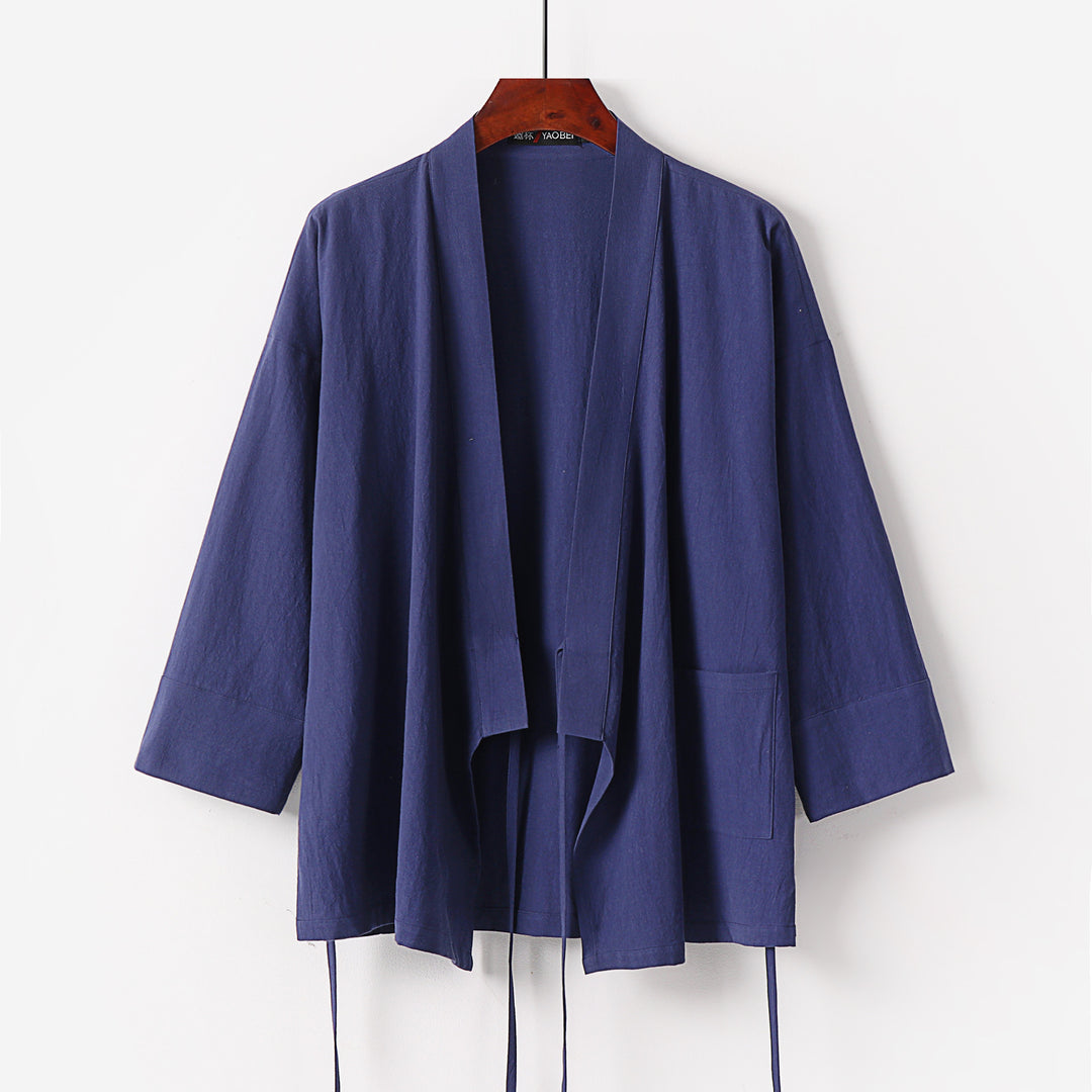Damen Kimono-Cardigan aus Baumwoll-Leinen mit dreiviertelärmeln Bindegürtel und aufgesetzten Taschen Shop Nory