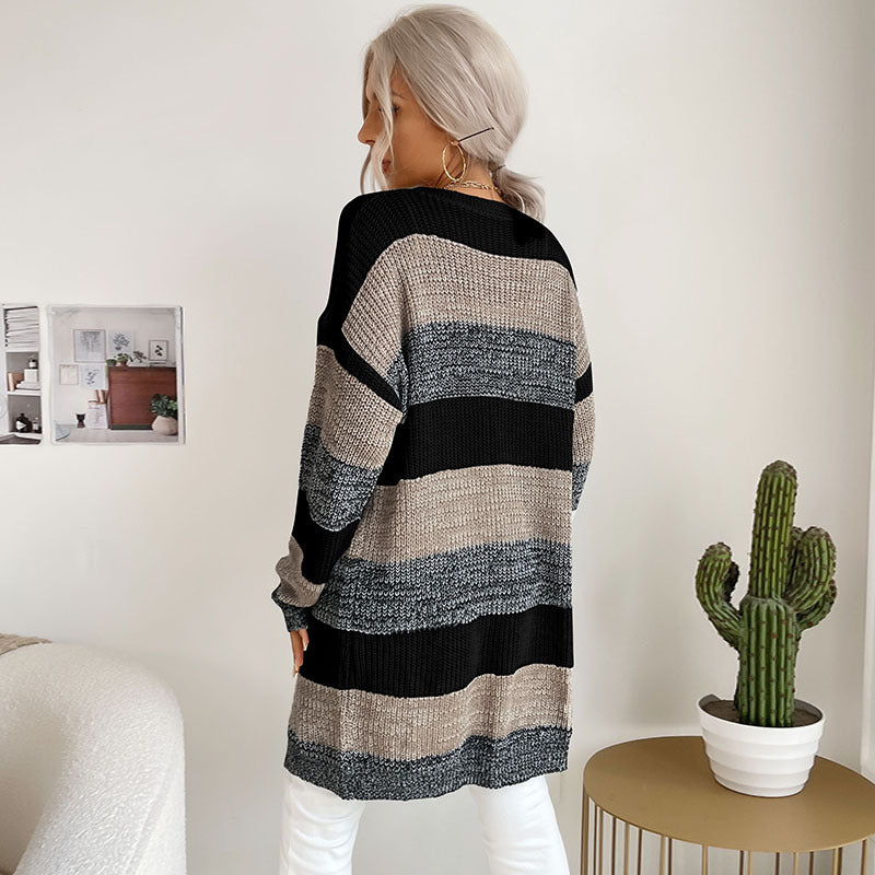 Damen Langer Oversize-Strickcardigan mit Blockstreifen und offener Front Shop Nory