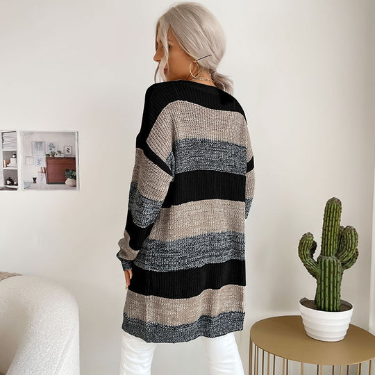 Damen Langer Oversize-Strickcardigan mit Blockstreifen und offener Front Shop Nory