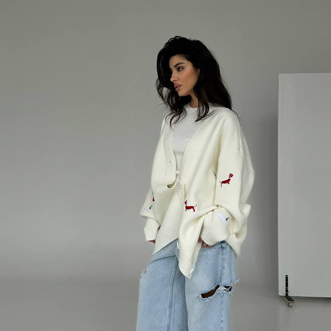 Damen Oversized Strickcardigan mit gestickten Dackelmotiven Shop Nory