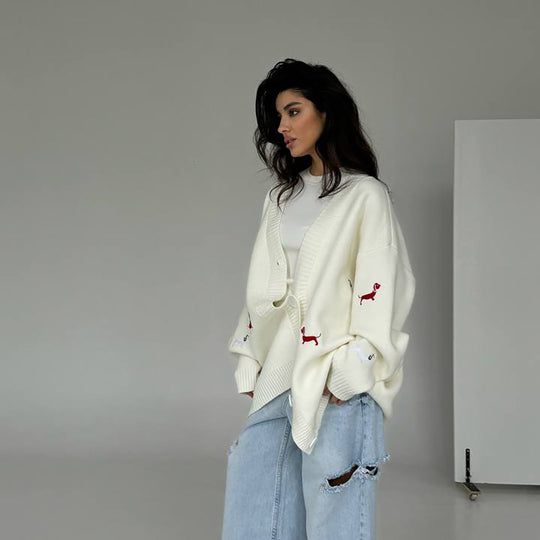 Damen Oversized Strickcardigan mit gestickten Dackelmotiven Shop Nory