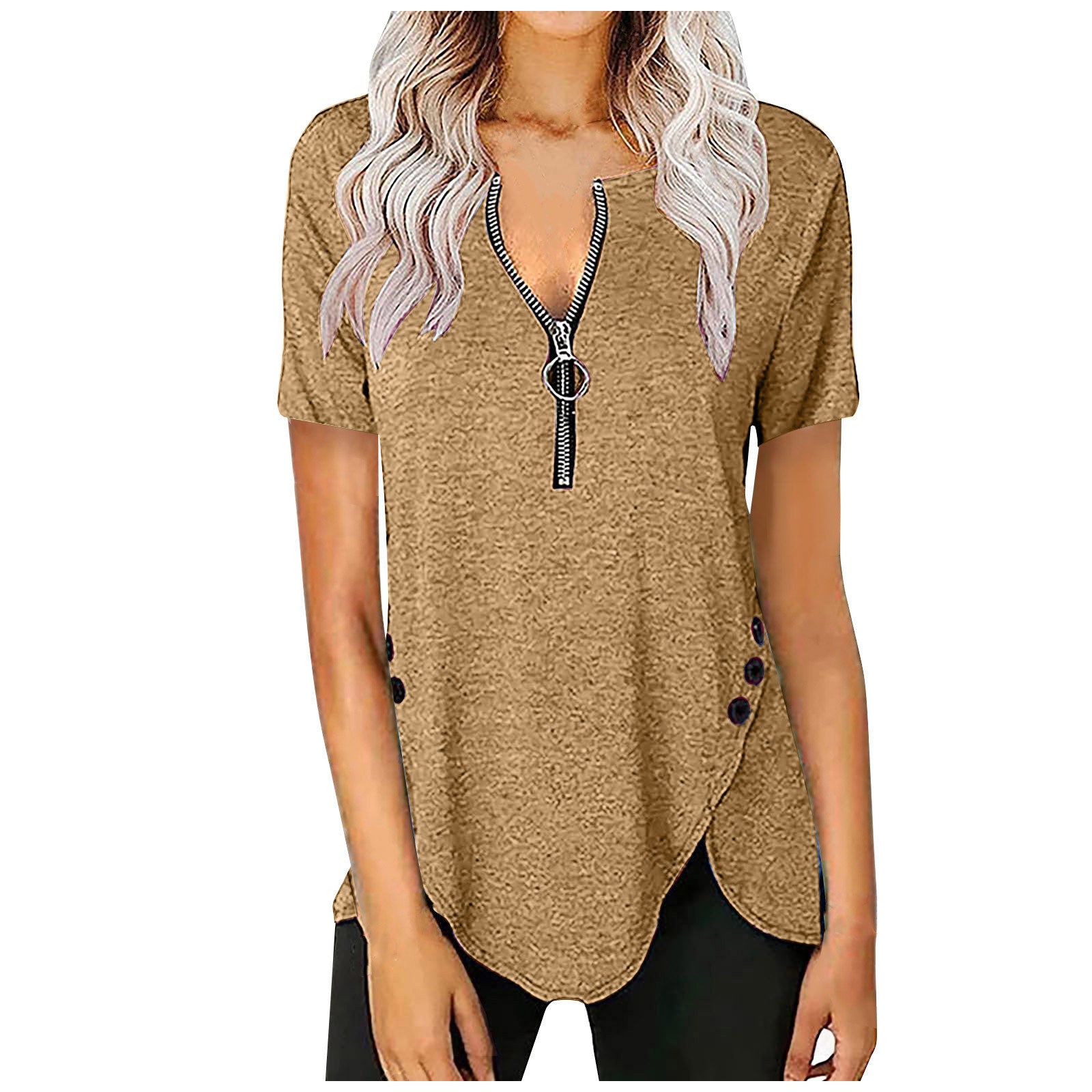 Damen Kurzarmshirt mit asymmetrischem Saum und Reißverschluss