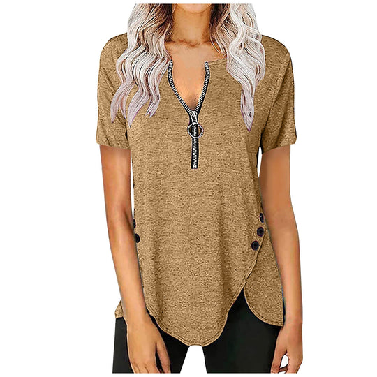 Damen Kurzarmshirt mit asymmetrischem Saum und Reißverschluss