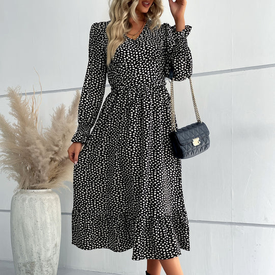 Damen Midikleid mit V-Ausschnitt, geraffter Taille und langen Smokärmeln Shop Nory