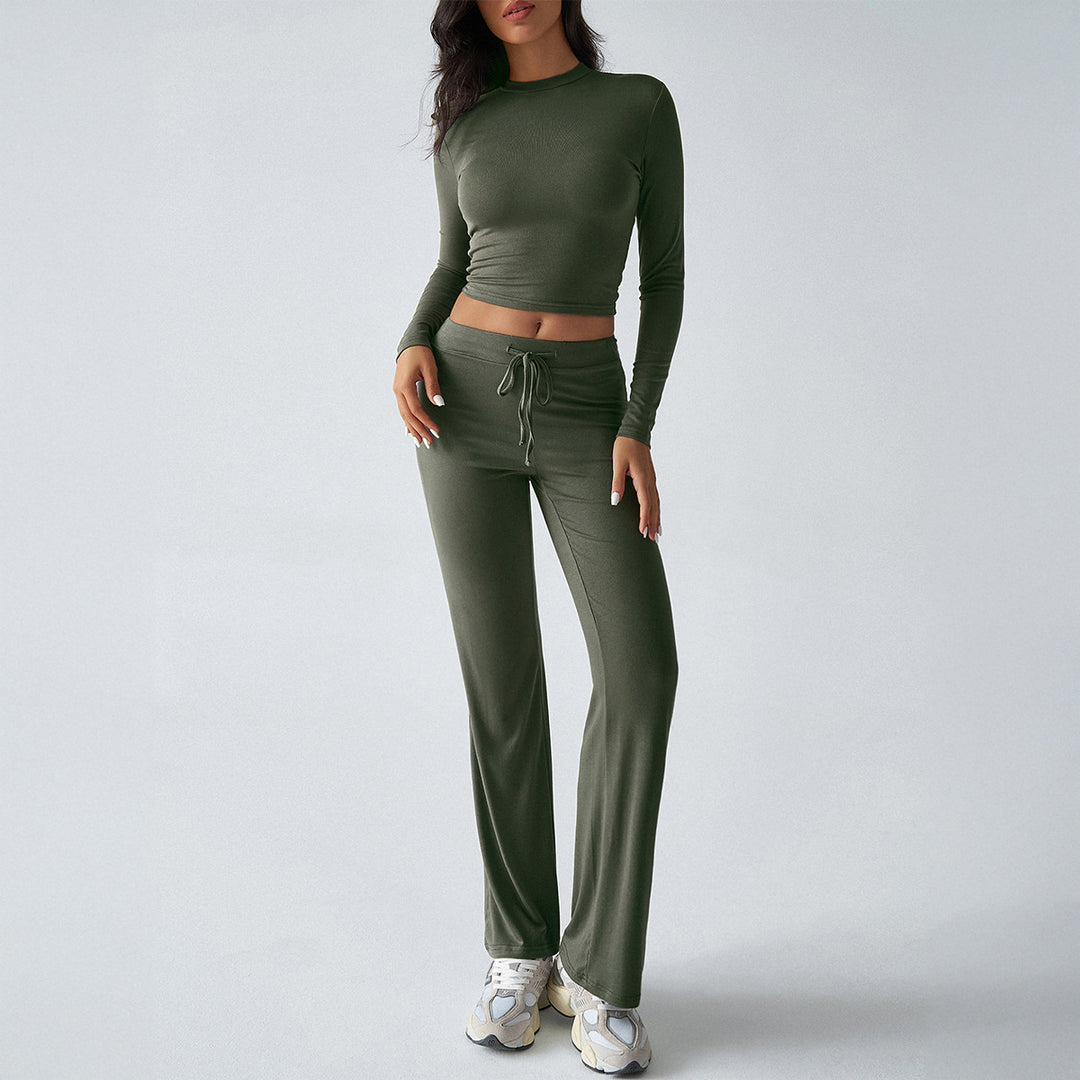 Damen nan tailliertes Longsleeve-Crop-Top und weite Lounge-Hose im Zweiteiler-Set aus Stretchjersey Shop Nory