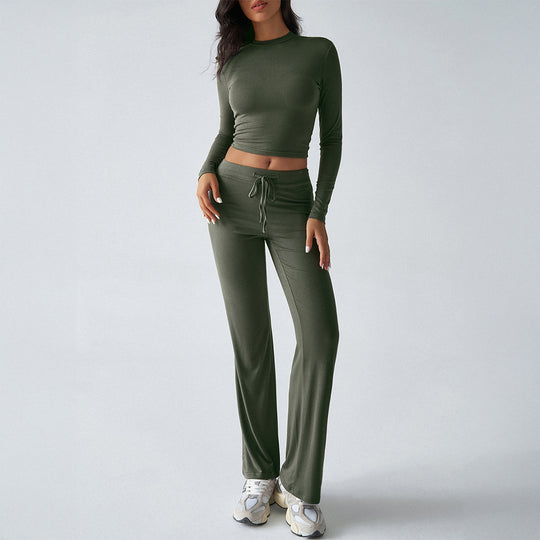 Damen nan tailliertes Longsleeve-Crop-Top und weite Lounge-Hose im Zweiteiler-Set aus Stretchjersey Shop Nory