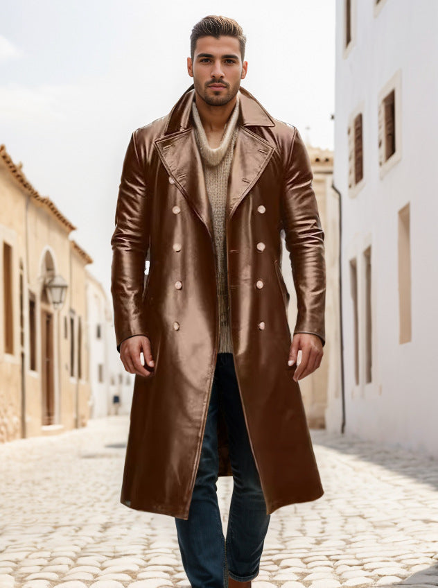 Herren Langer glänzender Kunstleder-Trenchcoat mit Doppelreiher und markantem Revers Shop Nory