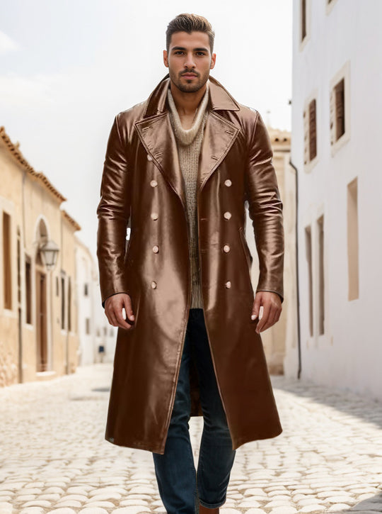 Herren Langer glänzender Kunstleder-Trenchcoat mit Doppelreiher und markantem Revers Shop Nory
