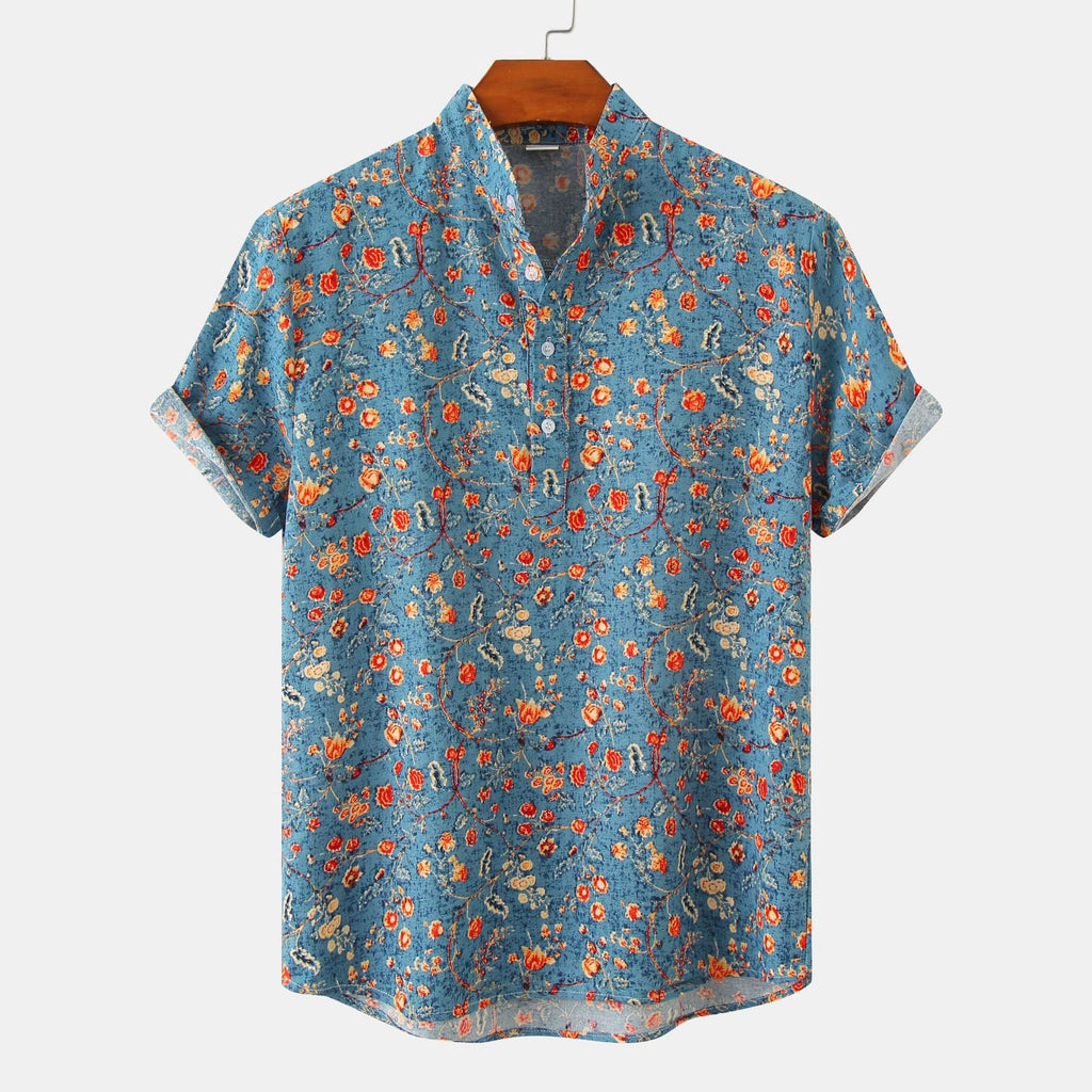 Damen Kurzarmbluse mit modernem Stehkragen und floralen Akzenten Shopnory