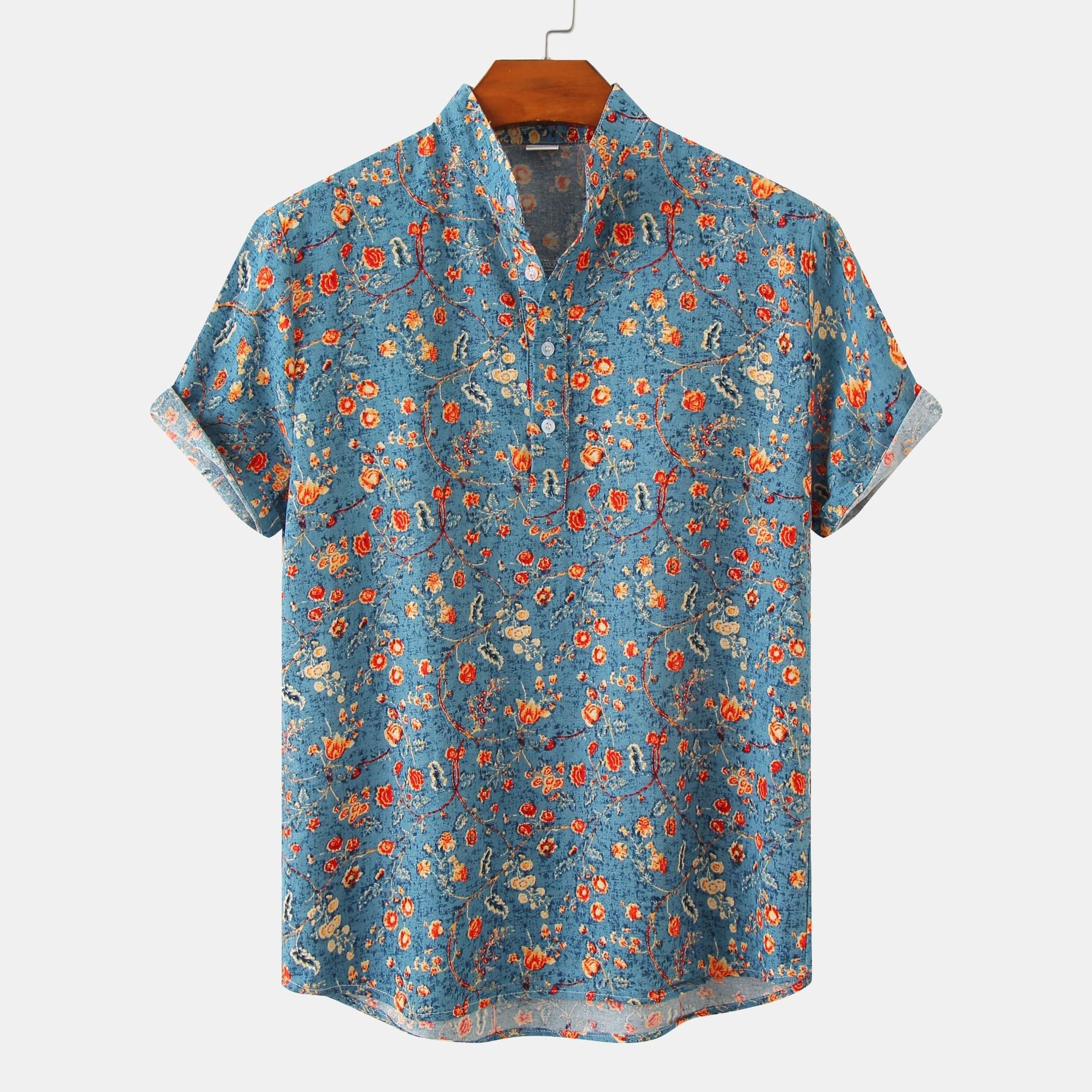 Damen Kurzarmbluse mit modernem Stehkragen und floralen Akzenten Shopnory
