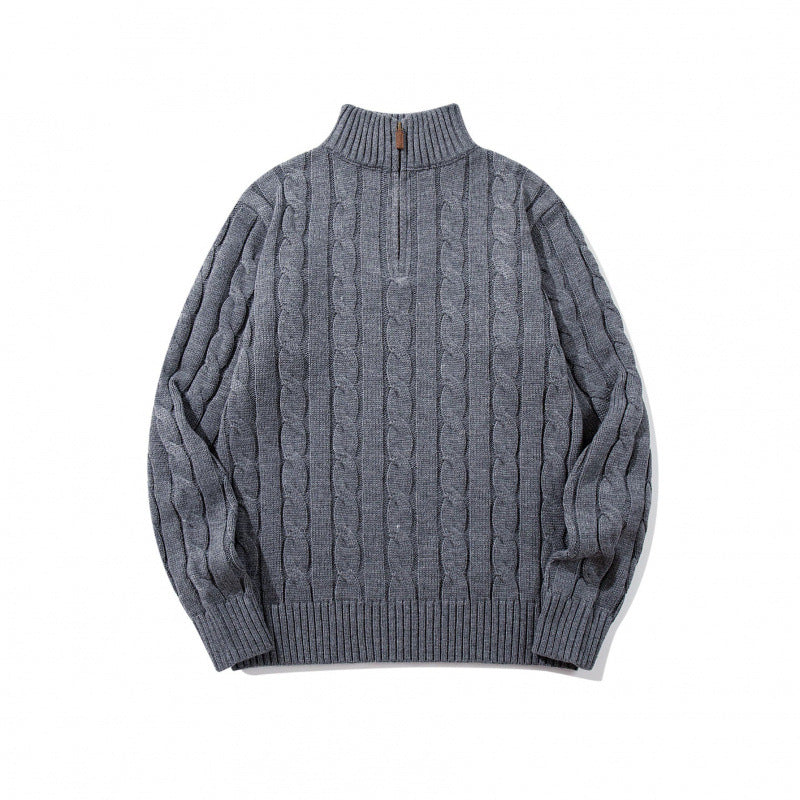 Unisex Grobgestrickter Halbreißverschluss-Zopfmuster-Pullover mit Stehkragen und gerippten Abschlüssen Shop Nory