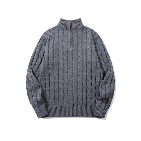 Unisex Grobgestrickter Halbreißverschluss-Zopfmuster-Pullover mit Stehkragen und gerippten Abschlüssen Shop Nory