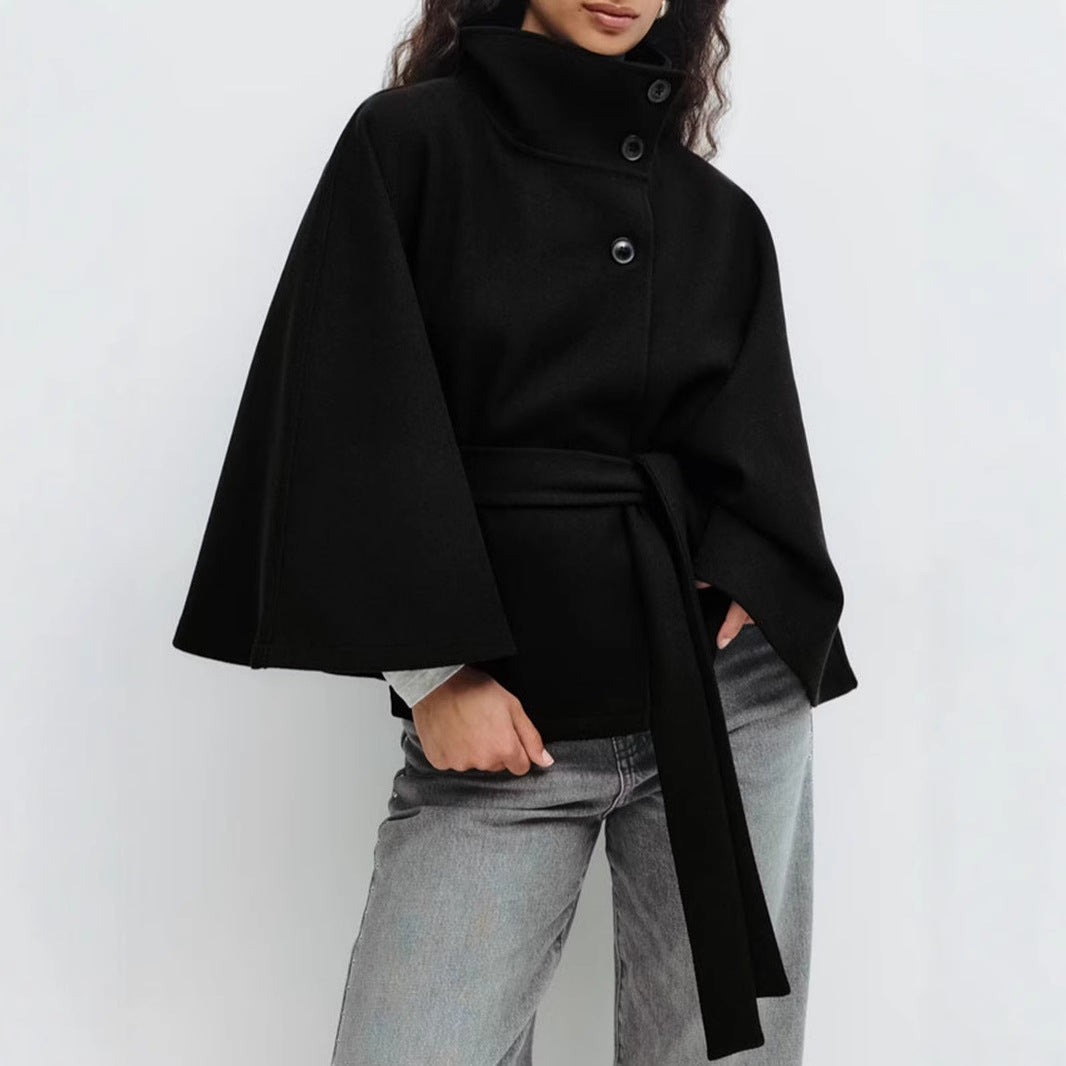 Damen Kurzmantel mit Stehkragen, tailliertem Gürtel und Kimonoärmeln Shop Nory