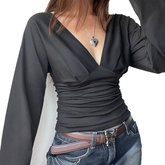 Damen nan figurbetontes Langarm-Top mit tiefem V-Ausschnitt, Nackenband zum Binden und taillierter Silhouette Shop Nory