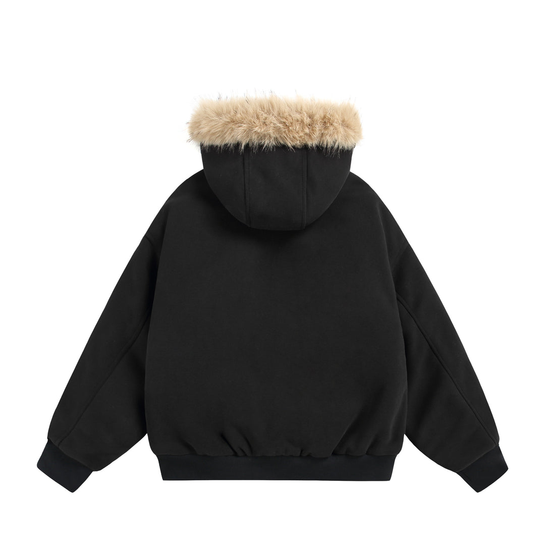 Damen Kurzboxy Kapuzenblouson aus French‑Terry mit voluminöser Kunstfellkante Shop Nory