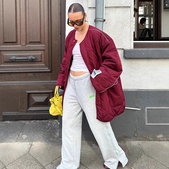 Damen Oversize-Steppjacke mit Diamantstepp, kontrastierender Paspel und Druckknopfverschluss Shop Nory