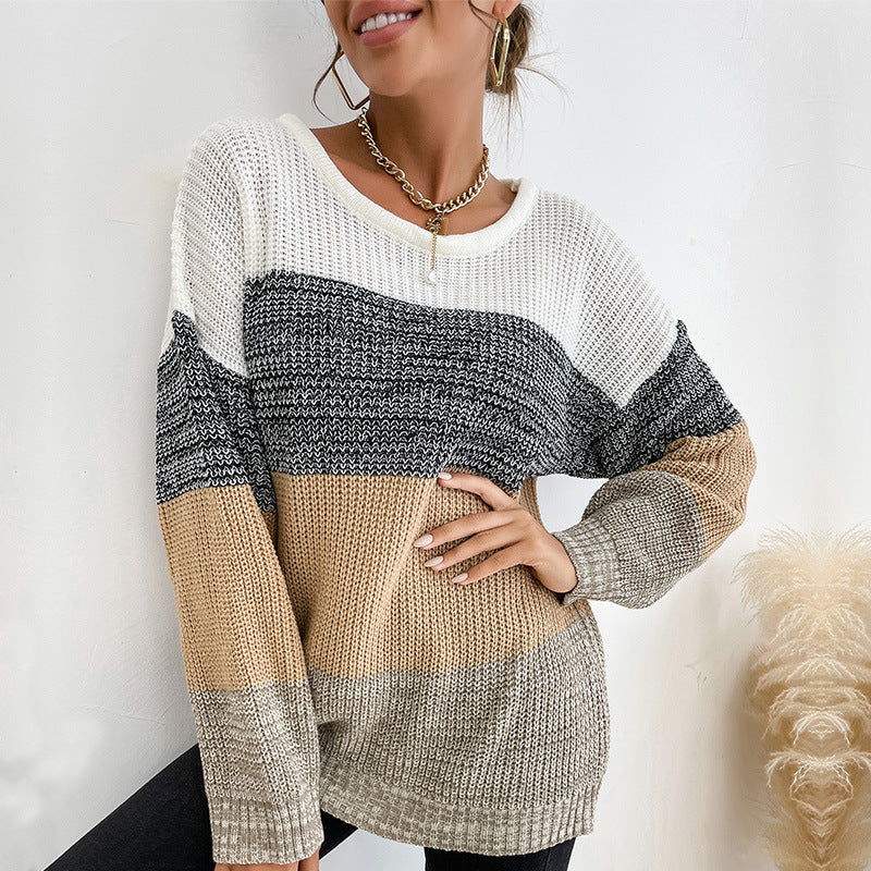 Damen Oversize Farbblock Strickpullover mit Rundhalsausschnitt und Rippbündchen Shop Nory