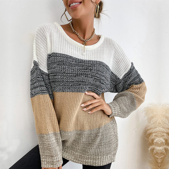 Damen Oversize Farbblock Strickpullover mit Rundhalsausschnitt und Rippbündchen Shop Nory