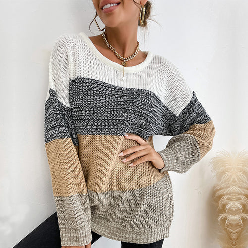 Damen Oversize Farbblock Strickpullover mit Rundhalsausschnitt und Rippbündchen Shop Nory