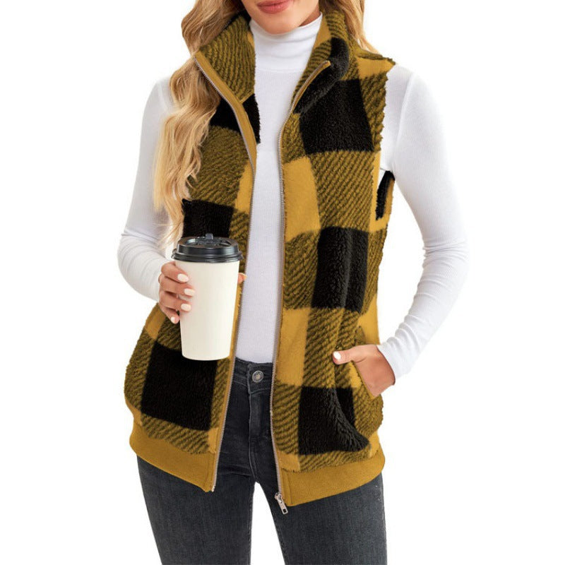 Damen Karierte Teddyweste mit Stehkragen, Reißverschluss und Eingrifftaschen Shop Nory