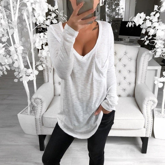 Damen Lässige Oversize Tunika mit V‑Ausschnitt, Brusttasche und verlängertem Saum Shop Nory