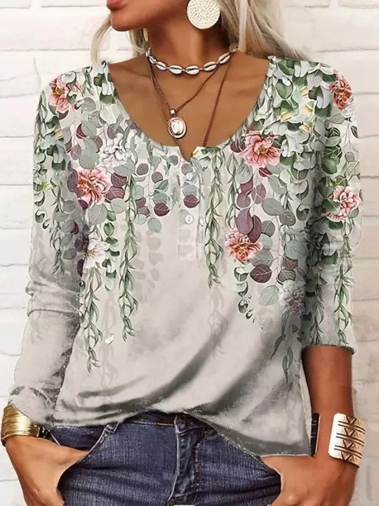 Damen Boho-Tunika mit floralen Hängeranken, V-Ausschnitt und dreiviertelärmeln Shop Nory