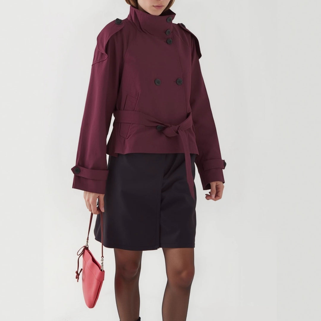 Damen Kurz geschnittener Trench‑Cape mit abnehmbaren Ärmeln, Stehkragen und Doppelreiher Shop Nory