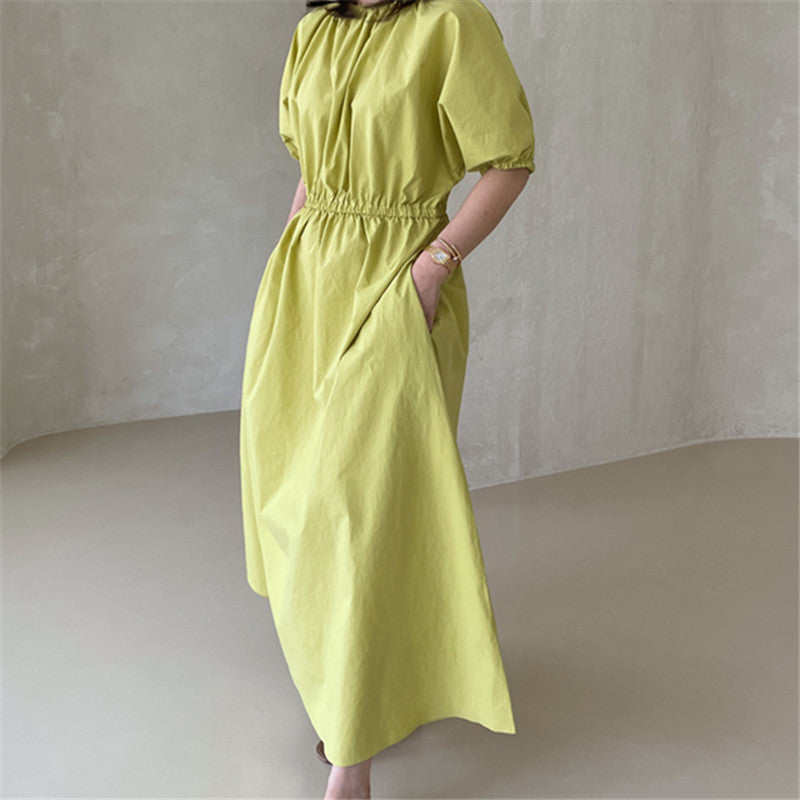 Damen Fließendes Baumwoll-Maxi-Sommerkleid mit elastischem Taillenbund, Puffärmeln und Eingrifftaschen Shop Nory