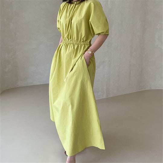 Damen Fließendes Baumwoll-Maxi-Sommerkleid mit elastischem Taillenbund, Puffärmeln und Eingrifftaschen Shop Nory