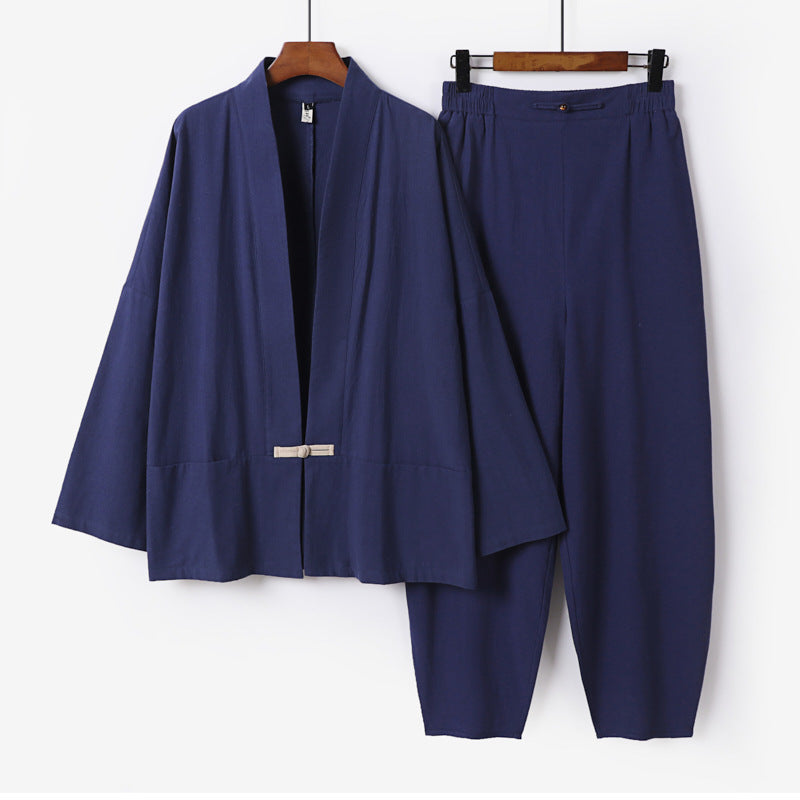 Herren Zen-Relax-Set mit offener Kimono-Jacke, dekorativem Knebelverschluss und tapered Harem-Joggpants Shop Nory