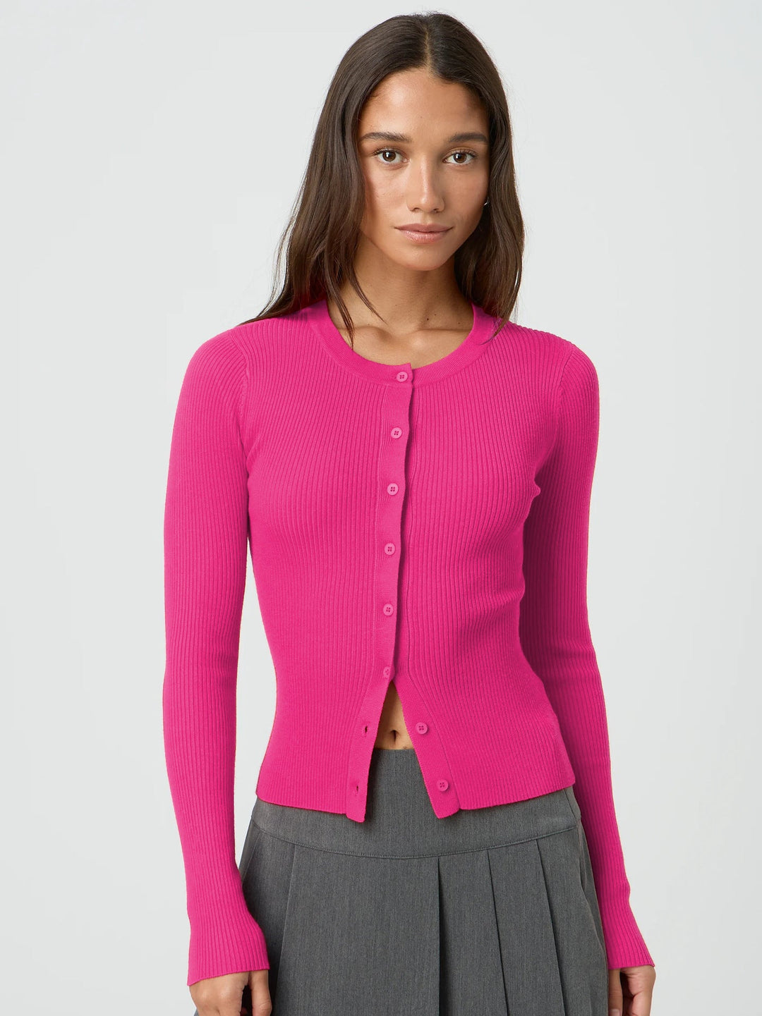 Damen figurbetonte Strickjacke mit Knopfleiste und langen Ärmeln