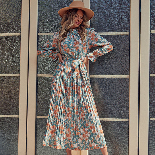 Damen Plissiertes Maxikleid mit Blumenprint, Stehkragen und Taillenband Shop Nory