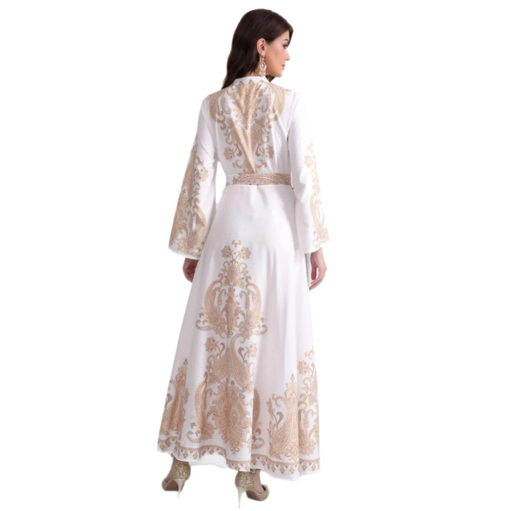 Damen Besticktes Maxikleid mit Stehkragen, Taillengürtel und Orientalischem Paisley-Motiv Shop Nory