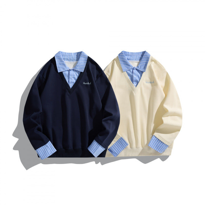 Unisex Lagenlook Sweatshirt mit V-Ausschnitt, integriertem Hemdkragen und gestreiften Manschetten Shop Nory