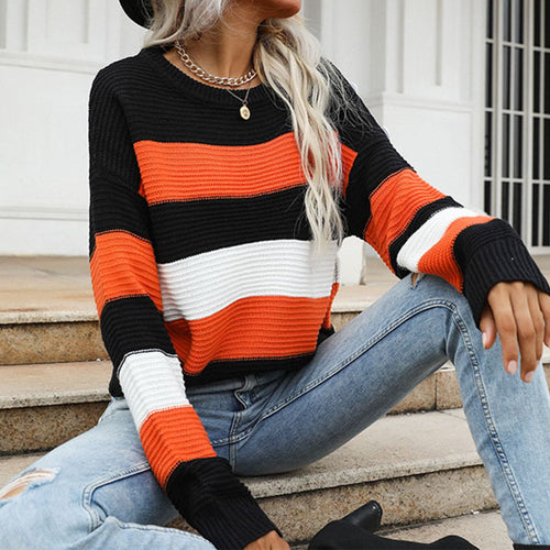 Damen Breitgestreifter Strickpullover im Fisherman‑Look mit gerippter Textur und überschnittener Schulter Shop Nory