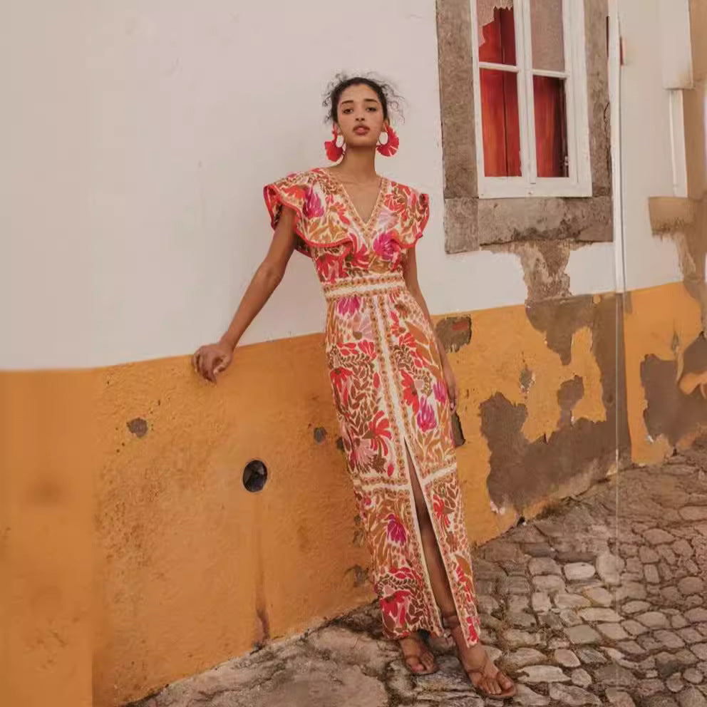 Damen Maxikleid mit farbenfrohem floralem Muster und Volantärmel
