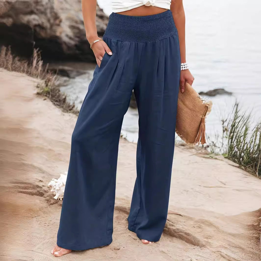 Damen weite Leinenhose mit elastischem Bund
