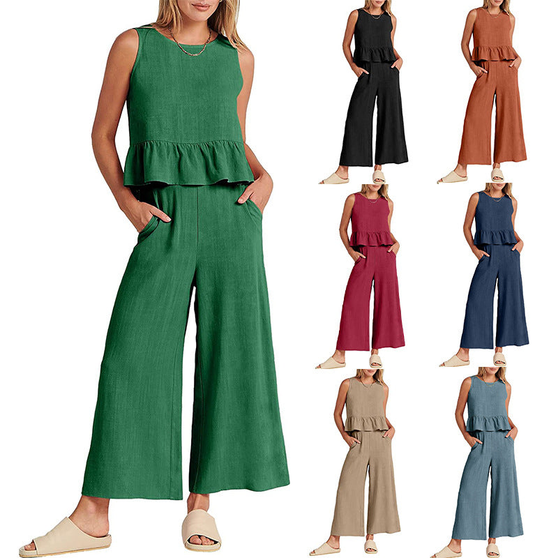 Damen luftiges Zweiteiler-Set mit schickem Peplum-Top und weitem Hose