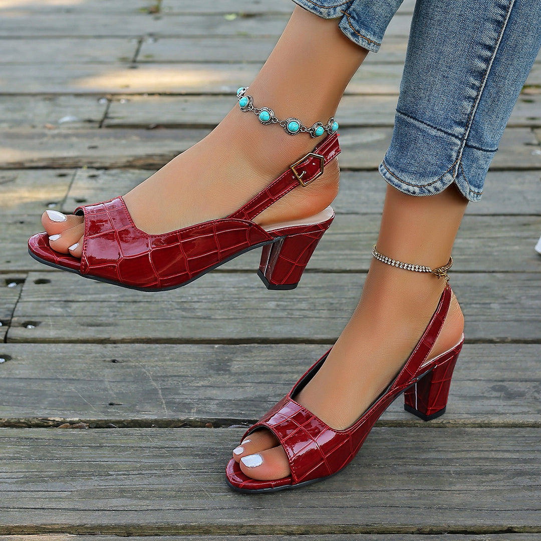 Damen elegante Peeptoe-Slingback Sandalen mit mittelhohem Blockabsatz Kroko-Lackleder-Optik Shop Nory