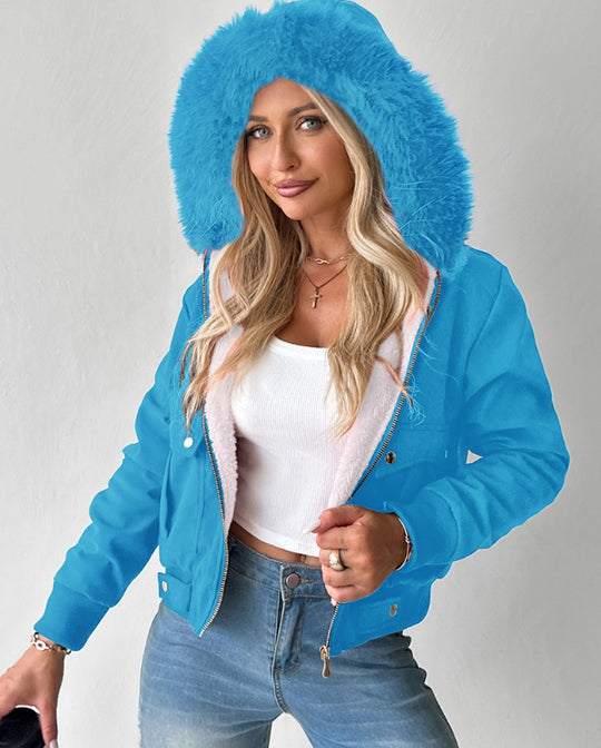 Damen Kurzblouson Winterjacke mit Teddyfutter und abnehmbarer Kunstfellkapuze Shop Nory