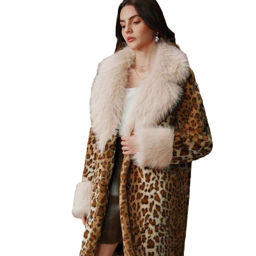 Damen Midilanger Kunstpelzmantel im Animal-Look mit abgesetztem Langhaar-Kragen und Manschetten Shop Nory