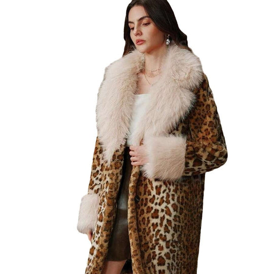 Damen Midilanger Kunstpelzmantel im Animal-Look mit abgesetztem Langhaar-Kragen und Manschetten Shop Nory