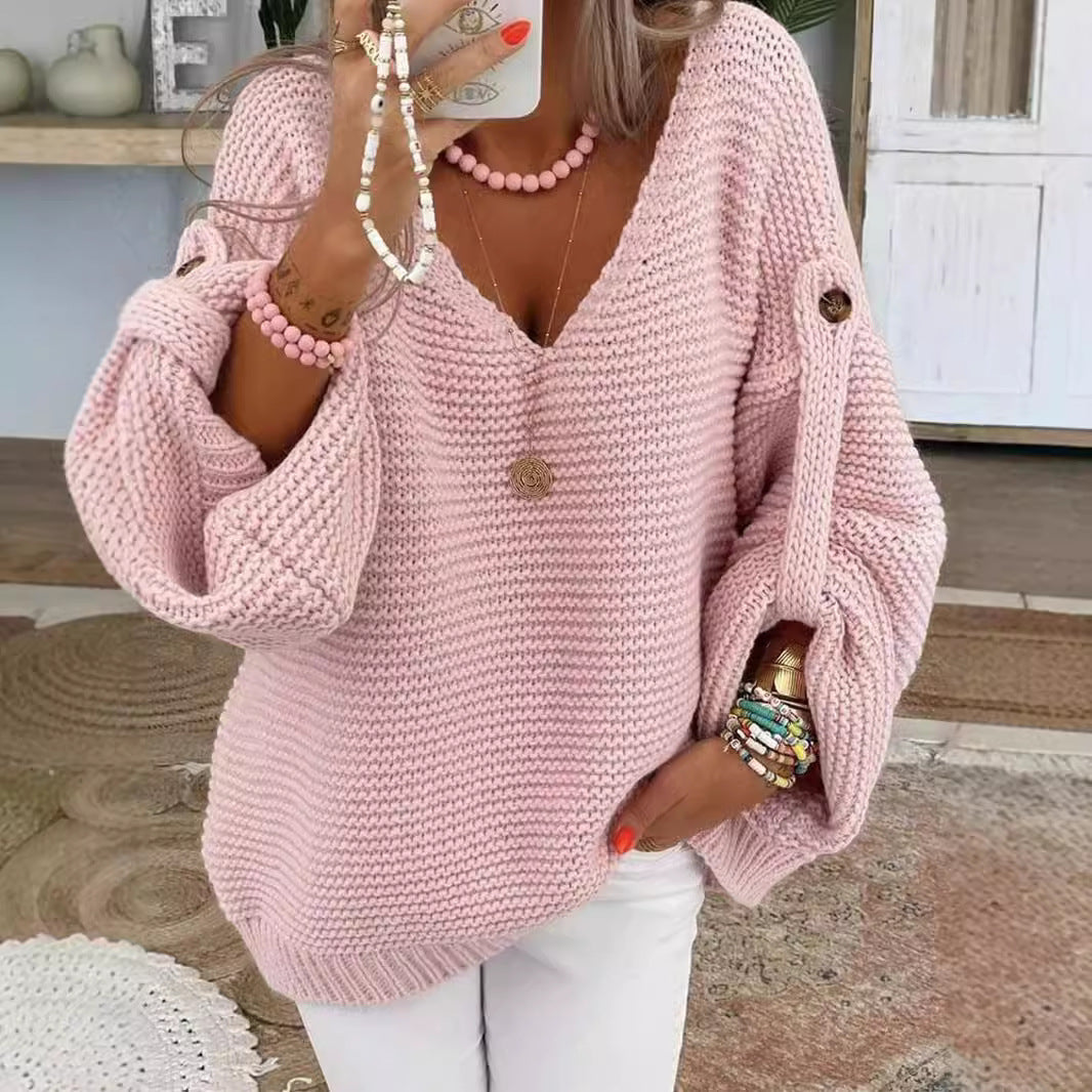 Damen weiter Strickpullover mit V-Ausschnitt, Ballonärmeln und Knopfdetail Shop Nory