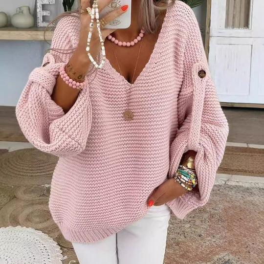 Damen weiter Strickpullover mit V-Ausschnitt, Ballonärmeln und Knopfdetail Shop Nory